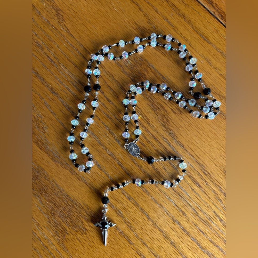 Elegant Black and Aurora Borealis Beaded Handmade Rosary